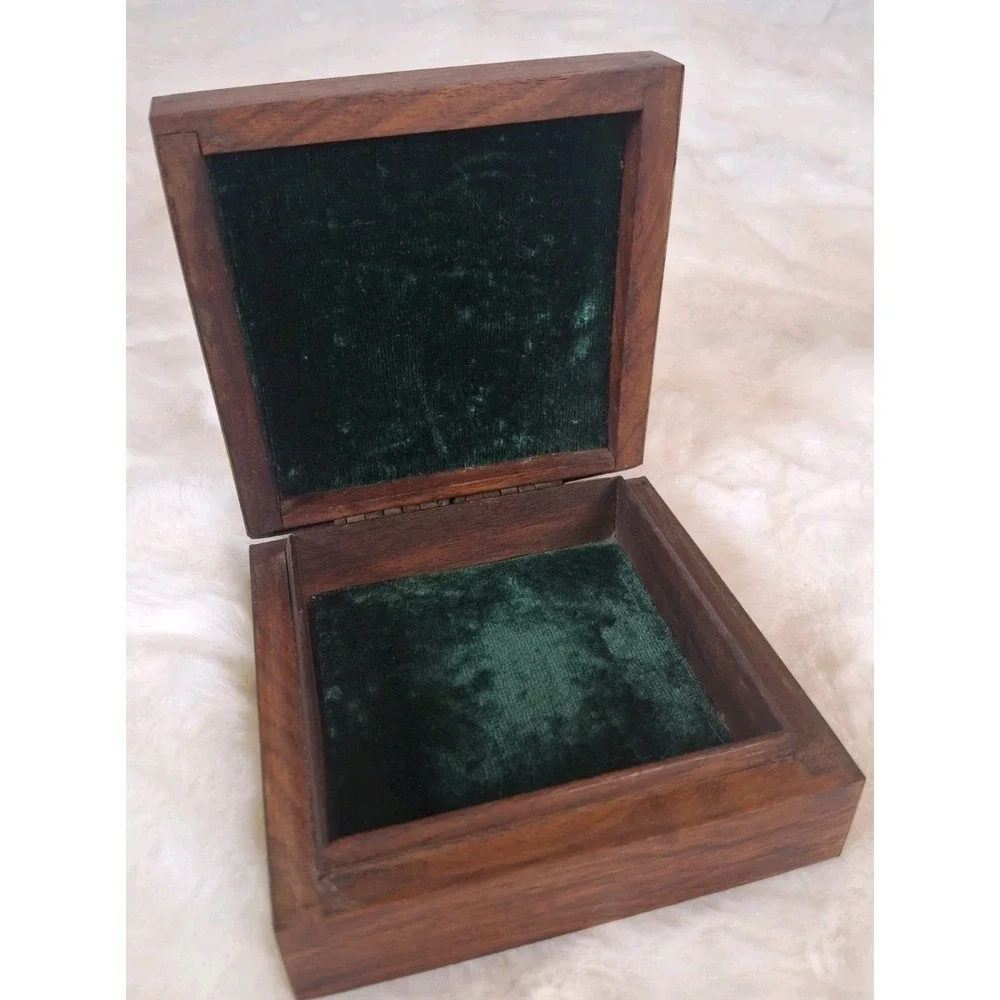 Teak Wooden Jewelry Box Brass Hearts Inlay Vintage Trinket Wood Hinged Lid NY